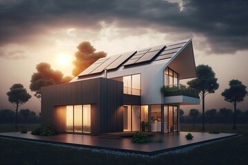 Single family house with solar panels at sunset or sunrise. Sustainability concept. Generative AI