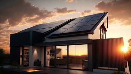 Wall Mural - Single family house with solar panels on the roof at sunset or sunrise. Sustainability concept. Generative AI