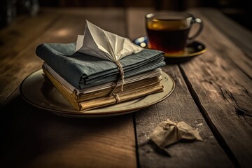 Wall Mural - a stack of napkins on a wooden table that is surrounded by old books, created with generative ai