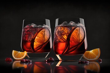 Canvas Print - glasses filled with beautiful fruit infused negroni cocktail, created with generative ai