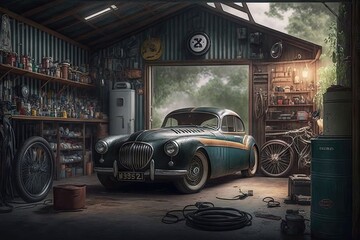 Wall Mural - an old garage with a vintage car on display, surrounded by tools and other automotive memorabilia., created with generative ai