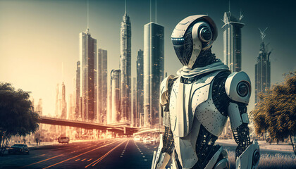 Poster - The futuristic city is buzzing with smart technology, from sleek buildings to cutting-edge robots and AI-driven machines. Generative AI