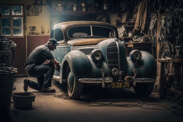 Wall Mural - a vintage car with a mechanic working on it in an old garage., created with generative ai