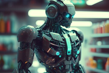 Poster - A Robot Is Standing In A Store With A Lot Of Bottles Arcade Animation Robotics Engineering  Generative AI 