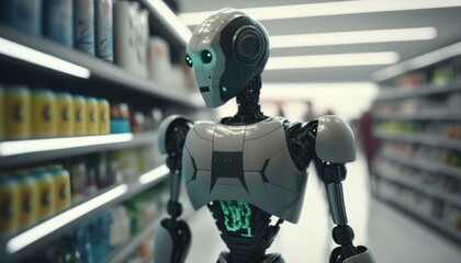 Poster - A Robot Is Standing In A Grocery Store Aisle Supermarket Product Photography E-Commerce  Generative AI 