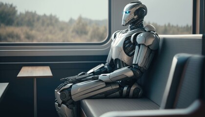 Poster - A Robot Sitting On A Bench Next To A Window Train Station Advertising Photography Artificial Intelligence  Generative AI 