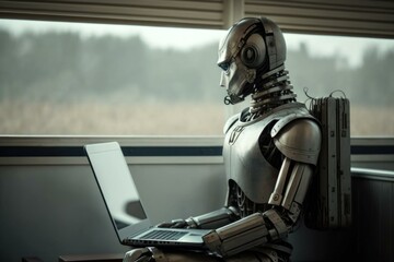 Poster - A Robot Sitting On A Train With A Laptop Workshop Advertising Photography Robotics Engineering  Generative AI 