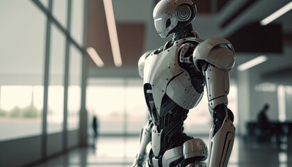 Poster - A Robot Is Standing In A Large Room With A Glass Wall Workshop Animation Robotics Engineering  Generative AI 