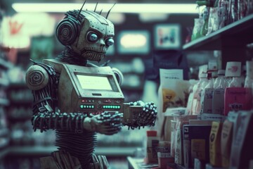 Poster - A Robot Is Holding A Cell Phone In A Store Supermarket Product Photography E-Commerce  Generative AI  generative Ai, generative, AI, 