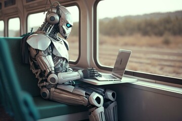Poster - a robot sitting on a train using a laptop train station advertising photography artificial intellige