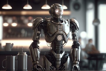 Poster - A Robot Is Standing In A Restaurant With A Cup Coffee Shop Photorealism Robotics Engineering  Generative AI 