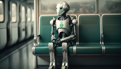 Poster - A Robot Sitting On A Bench In A Train Subway Station Advertising Photography Robotics Engineering  Generative AI 