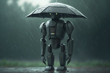 Poster - a robot holding an umbrella in the rain with it's eyes glowing zoo digital art artificial intelligen
