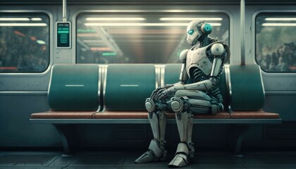 Poster - A Robot Sitting On A Bench In A Subway Subway Station Advertising Photography Robotics Engineering  Generative AI 