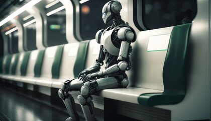 Poster - a robot sitting on a subway bench with his legs crossed subway station stereoscopic photography arti