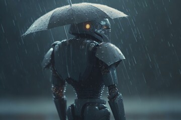 Poster - a robot holding an umbrella in the rain with a light on factory photorealism artificial intelligence