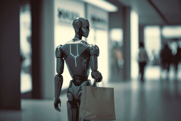 Poster - A Robot Carrying A Shopping Bag In A Mall Arcade Advertising Photography Artificial Intelligence  Generative AI 