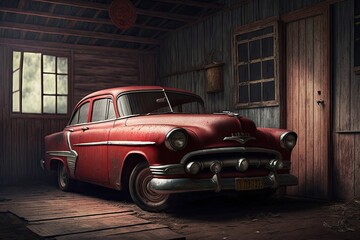 Wall Mural - a vintage red car parked in an old garage with a weathered wooden floor, created with generative ai