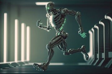 Poster - A Skeleton Running On A Track In A Futuristic Environment Fitness Center Animation Robotics Engineering  Generative AI 