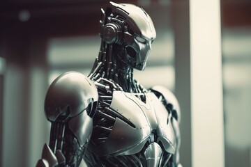 Poster - A Robot Is Standing In A Room With A Window Car Repair Shop Assemblage Robotics Engineering  Generative AI 