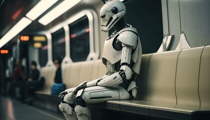 Poster - A Robot Sitting On A Subway Bench Next To A Subway Subway Station Minimalism Artificial Intelligence 