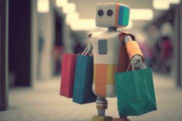 Poster - A Robot Holding Shopping Bags In A Hallway Of A Building Mall Product Photography E-Commerce  Generative AI 