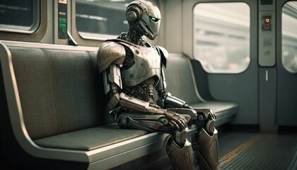 Poster - A Robot Sitting On A Subway Train Seat With His Legs Crossed Train Station Realism Artificial Intelligence  Generative AI 