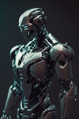Poster - A Robot Is Standing In A Dark Room With A Black Background Car Repair Shop Animation Robotics Engineering  Generative AI 