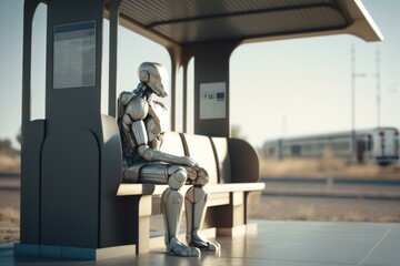 Poster - A Robot Sitting On A Bench In A Train Station Train Station Advertising Photography Robotics Engineering  Generative AI 