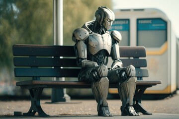 Poster - A Robot Sitting On A Bench In Front Of A Bus Car Repair Shop Photorealism Artificial Intelligence  Generative AI 