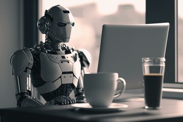 Poster - A Robot Sitting At A Desk With A Laptop And A Cup Of Coffee Coffee Shop Advertising Photography Artificial Intelligence  Generative AI 
