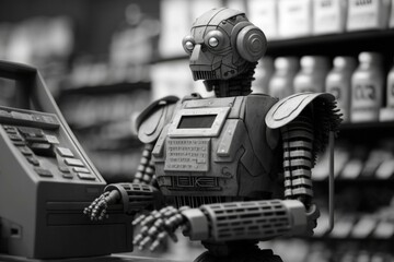 Poster - A Robot Is Sitting At A Cash Register In A Store Supermarket Black And White Photography Supply Chain Optimization 