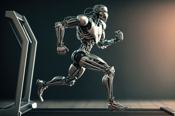 Poster - A Robot Running On A Treadmill In A Dark Room Fitness Center Animation Robotics Engineering  Generative AI 