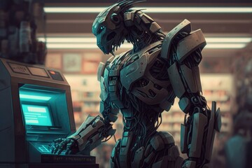 Poster - A Robot Is Standing Next To A Computer Screen Library Digital Art Robotics Engineering  Generative AI 