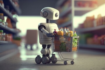 Poster - A Robot Pushing A Shopping Cart With A Grocery Cart Full Of Drinks Supermarket Product Photography E-Commerce  Generative AI 
