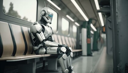 Poster - A Robot Sitting On A Bench In A Train Subway Station Advertising Photography Robotics Engineering  Generative AI 