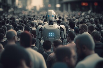 Poster - a robot is walking in a crowd of people factory advertising photography robotics engineering generat