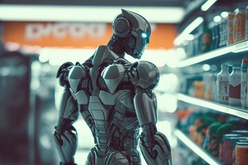 Poster - A Robot Is Standing In A Grocery Store Aisle Supermarket Product Photography Robotics Engineering  Generative AI 
