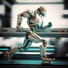 Poster - A Robot Running Fast On A City Street With A Train In The Background Arcade Animation Robotics Engineering  Generative AI 