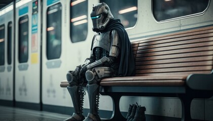 Poster - A Man In A Star Wars Costume Sitting On A Bench Train Station Advertising Photography Robotics Engineering 