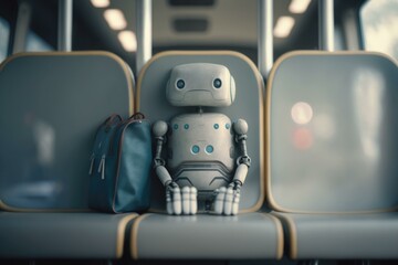 Poster - A Robot Sitting On A Bus Seat With A Bag Train Station Travel Photography Robotics Engineering  Generative AI 