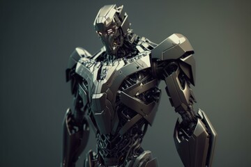 Poster - A Robot Is Standing In A Dark Room With A Black Background Car Repair Shop Assemblage Robotics Engineering  Generative AI 