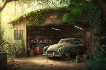 Wall Mural - an old garage with vintage cars and tools, surrounded by greenery, created with generative ai