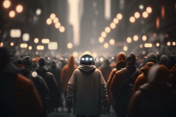 Poster - A Man In A Space Suit Standing In A Crowd Of People Urban Street Digital Art Artificial Intelligence  Generative AI 