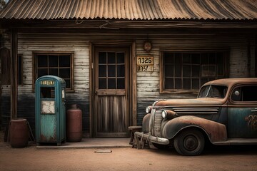 Wall Mural - rustic old garage with a weathered wooden door, vintage gas pump, and vintage car in the background, created with generative ai