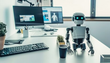 Poster - A Robot Sitting On A Desk Next To A Computer Workshop Product Photography Natural Language Processing  Generative AI 
