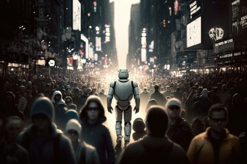 Poster - A Robot Walking Through A Crowded City Street At Night Urban Street Photorealism Robotics Engineering  Generative AI 