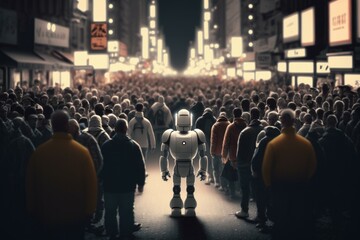 Poster - A Robot Standing In Front Of A Crowd Of People Urban Street Animation Robotics Engineering  Generative AI 