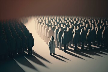Poster - A Group Of People Standing In A Room With A Person Standing In The Middle Tundra Animation Motion Graphics  Generative AI 