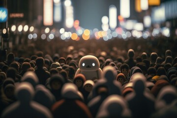 Poster - A Crowd Of People With A Robot In The Middle Urban Street Animation Artificial Intelligence  Generative AI 
